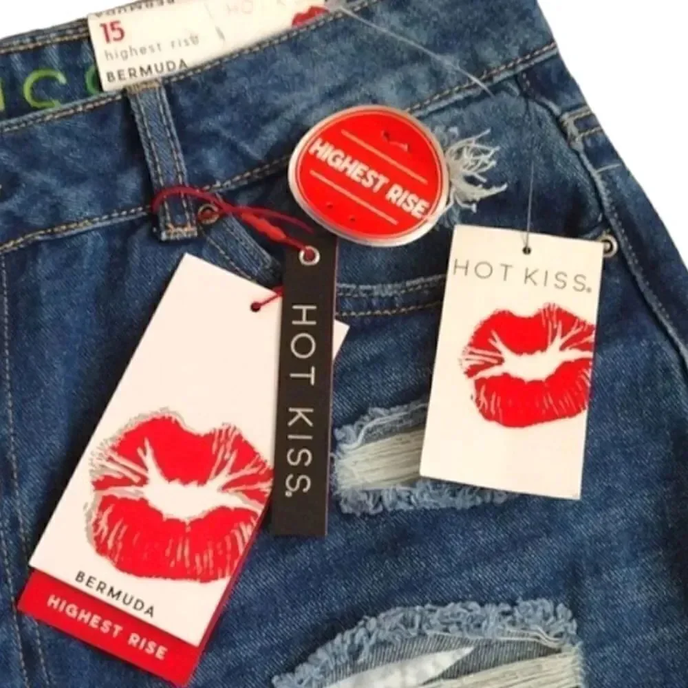 Hot Kiss Highest Rise Ripped  Bermuda Blue Jean‎ Shorts Size 15 NWT